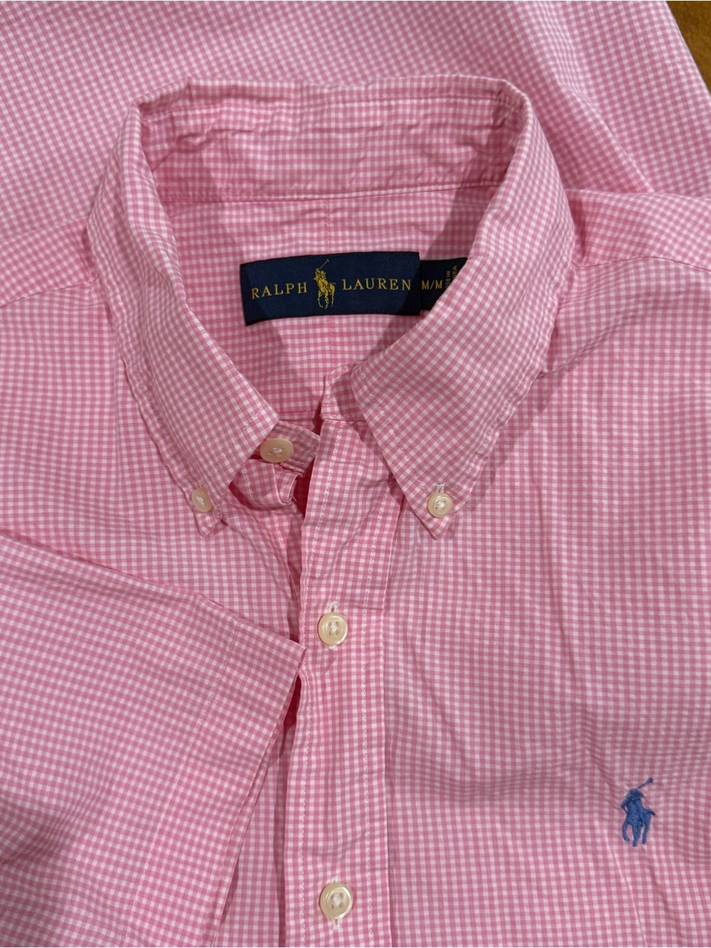 Ralph Lauren Pink Mini Checked SS Button Down Blue Pony Shirt Size M